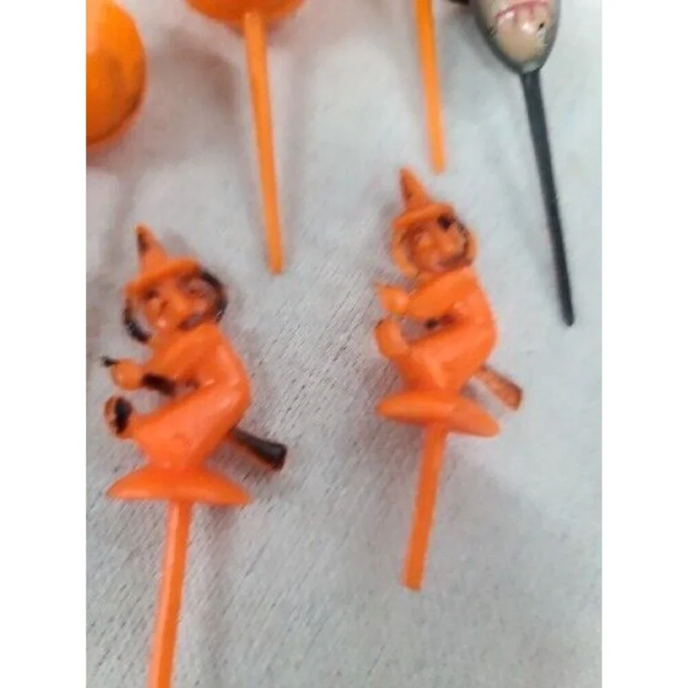 Vintage 1960s Halloween lot of 10 HARD PLASTIC Cake Toppers Witch JOL Black Cat